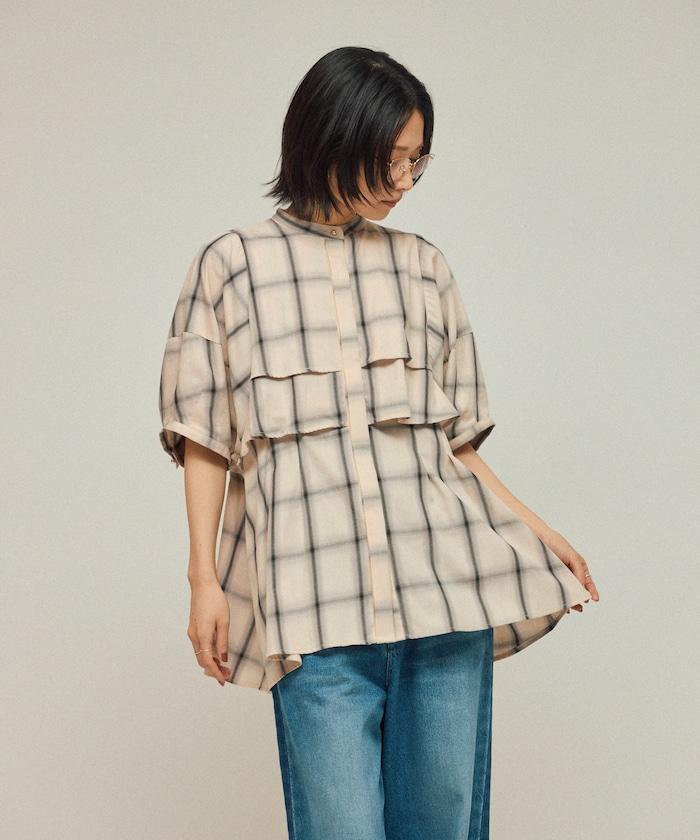 漸變格紋 波浪領襯衫 / 5分袖格紋襯衫