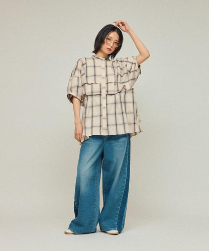 漸變格紋 波浪領襯衫 / 5分袖格紋襯衫