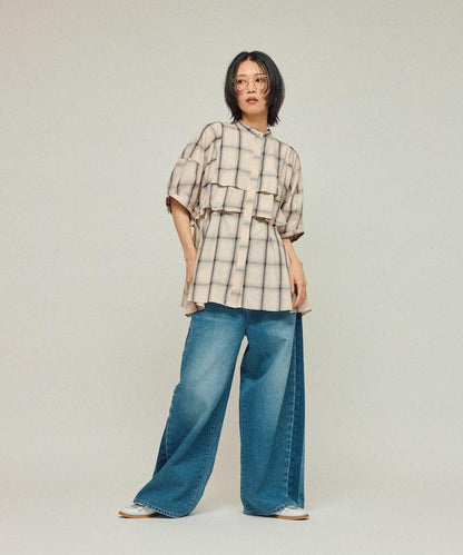 漸變格紋 波浪領襯衫 / 5分袖格紋襯衫