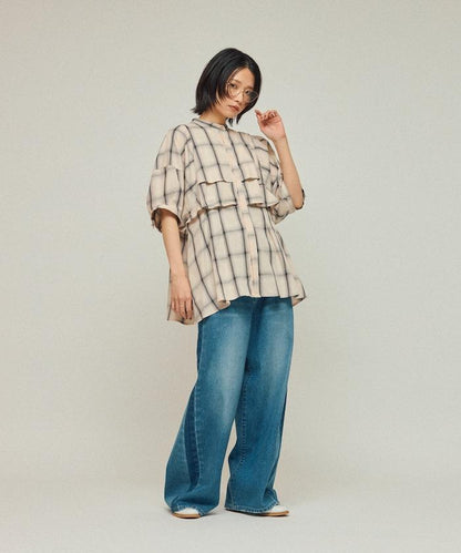 漸變格紋 波浪領襯衫 / 5分袖格紋襯衫