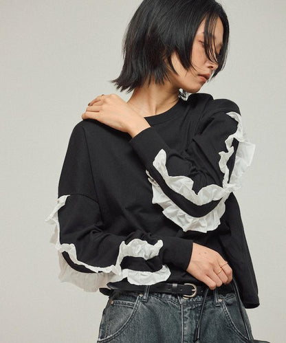 有機棉 袖飾邊 長袖T恤 / 長袖T恤