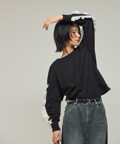 有機棉 袖飾邊 長袖T恤 / 長袖T恤