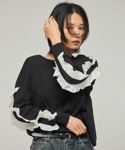 有機棉 袖飾邊 長袖T恤 / 長袖T恤