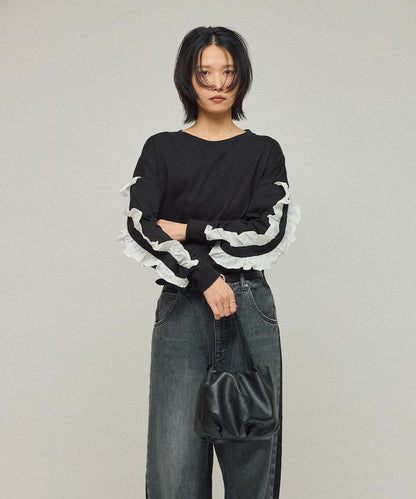 有機棉 袖飾邊 長袖T恤 / 長袖T恤