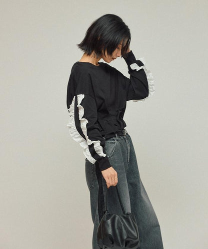 有機棉 袖飾邊 長袖T恤 / 長袖T恤