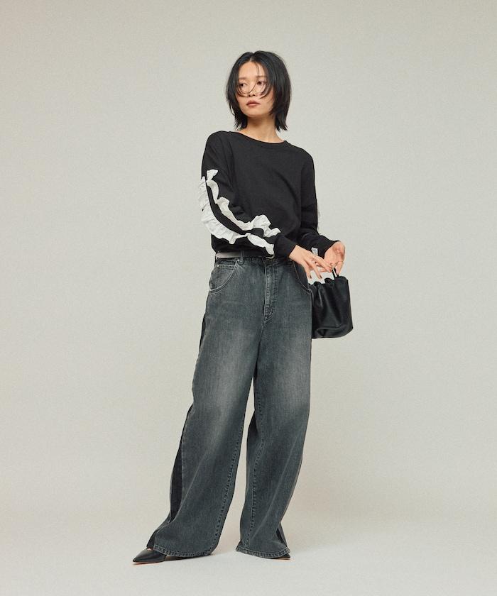 有機棉 袖飾邊 長袖T恤 / 長袖T恤