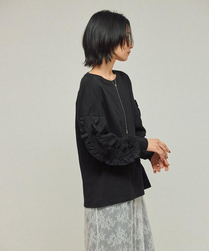 有機棉 袖飾邊 長袖T恤 / 長袖T恤