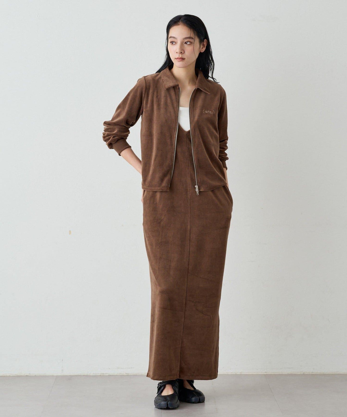 【earthy_】棉質絲絨雙拉鍊開衫