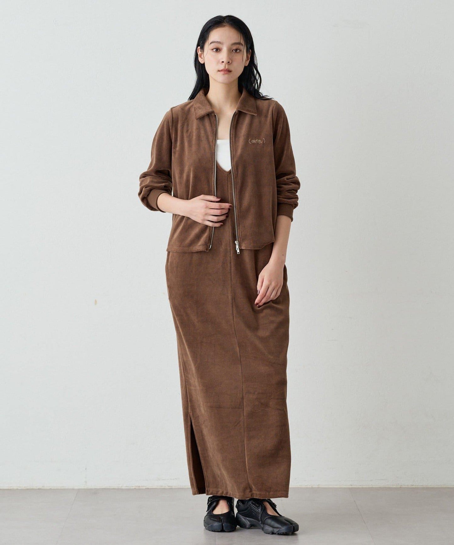 【earthy_】棉質絲絨雙拉鍊開衫