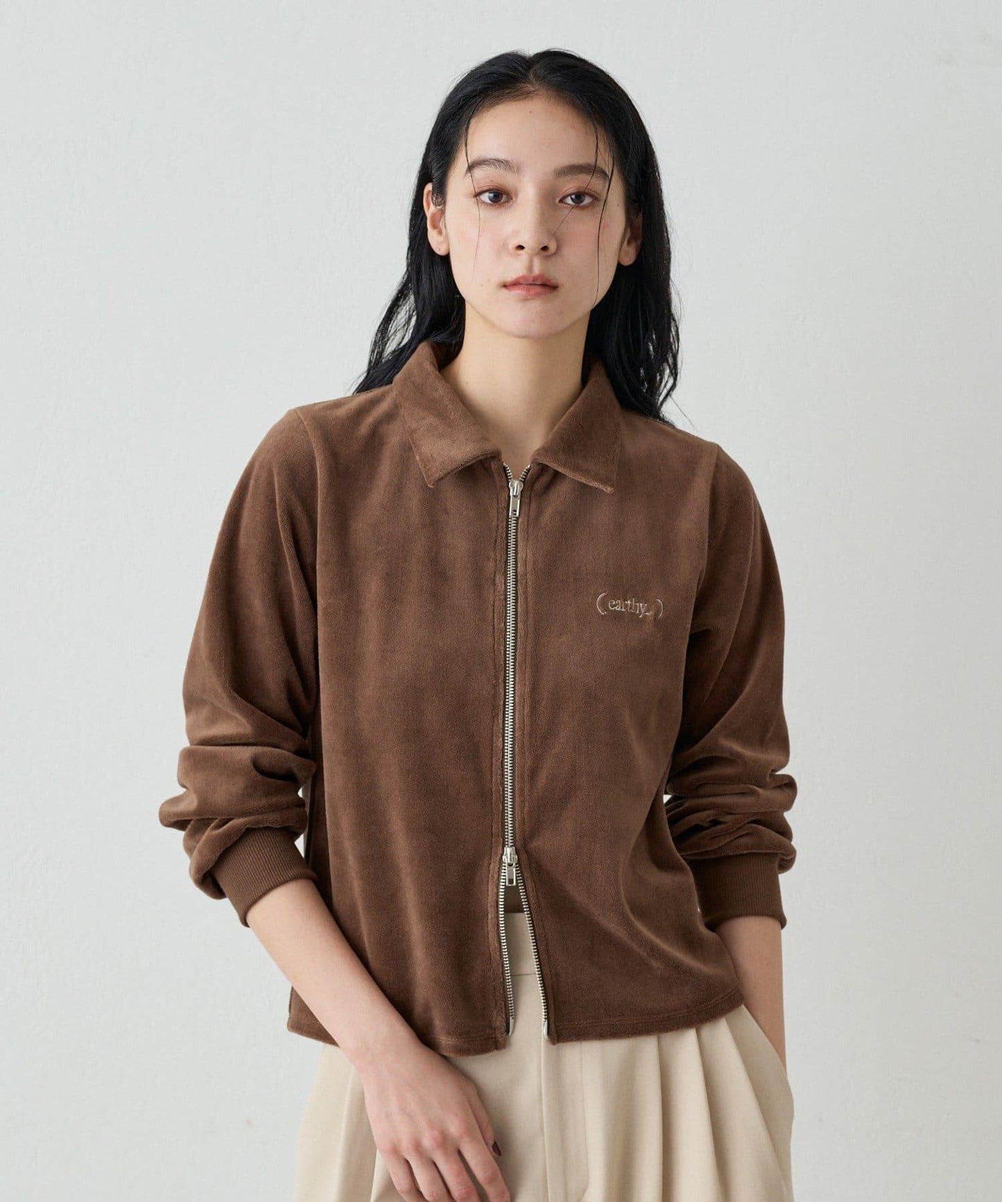 【earthy_】棉質絲絨雙拉鍊開衫