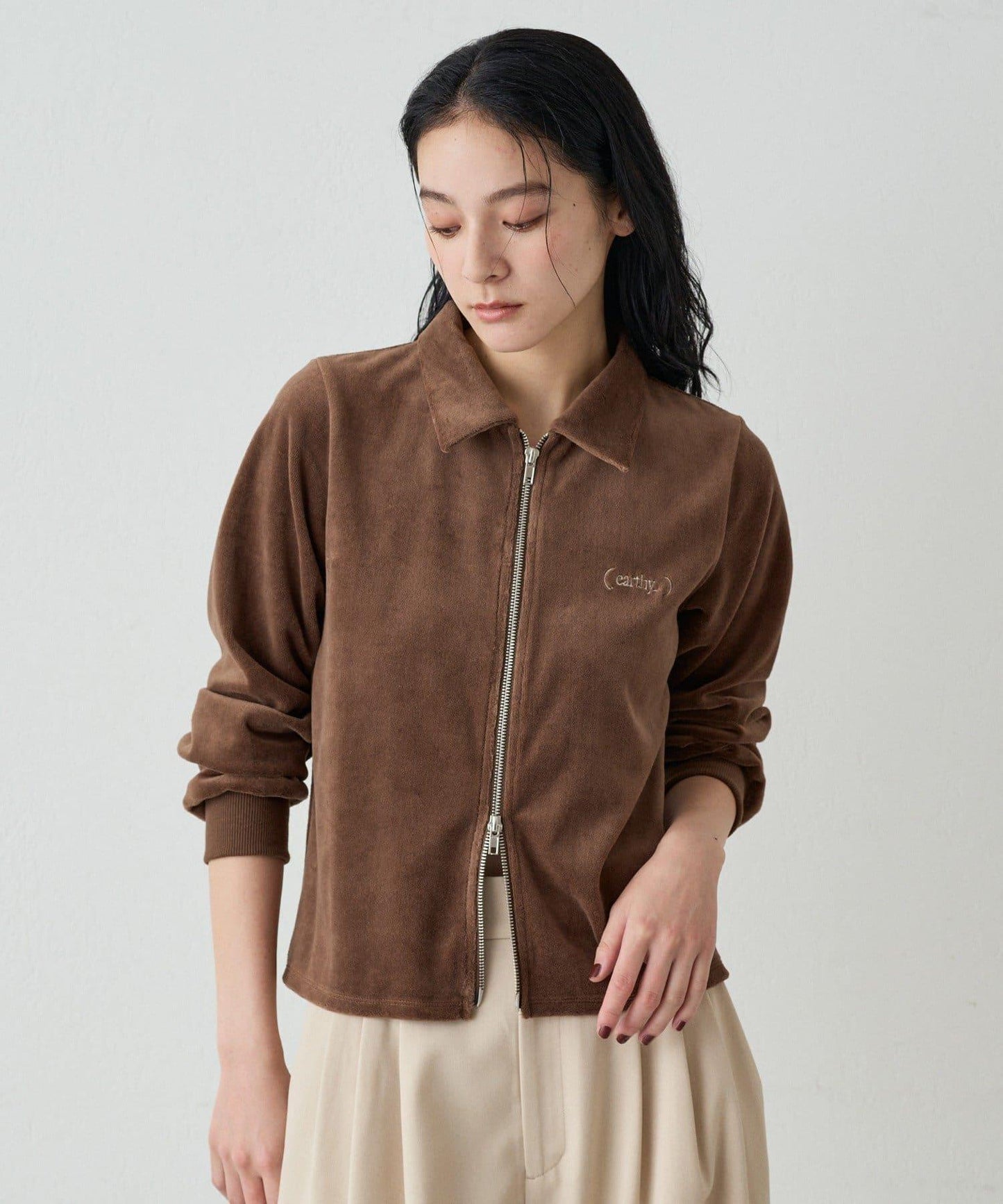 【earthy_】棉質絲絨雙拉鍊開衫