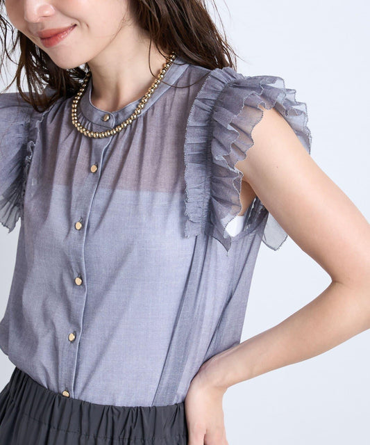 牛仔風網紗荷葉邊襯衫