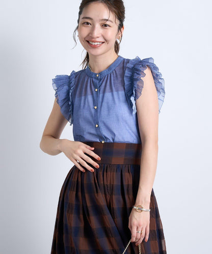 牛仔風網紗荷葉邊襯衫