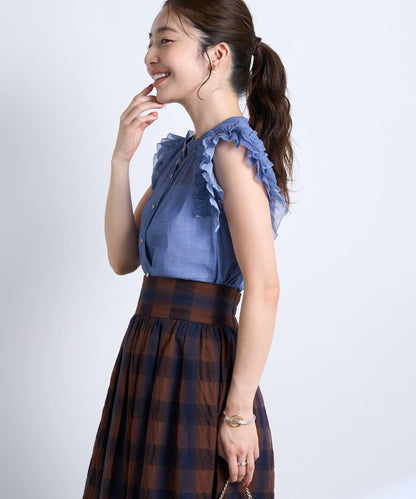 牛仔風網紗荷葉邊襯衫