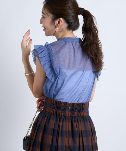 牛仔風網紗荷葉邊襯衫