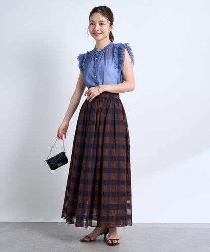 牛仔風網紗荷葉邊襯衫