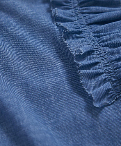 牛仔風網紗荷葉邊襯衫