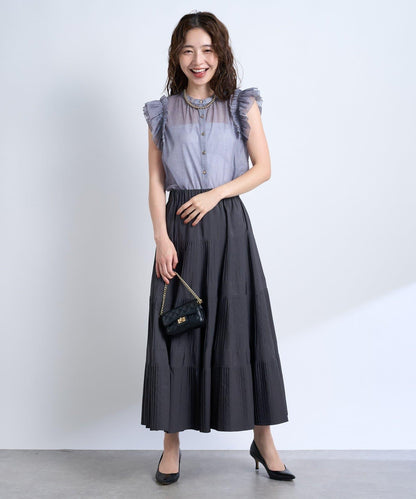 牛仔風網紗荷葉邊襯衫