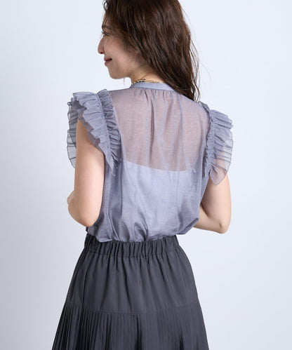 牛仔風網紗荷葉邊襯衫