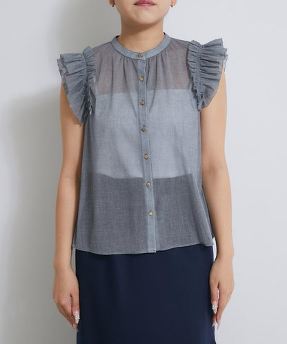 牛仔風網紗荷葉邊襯衫