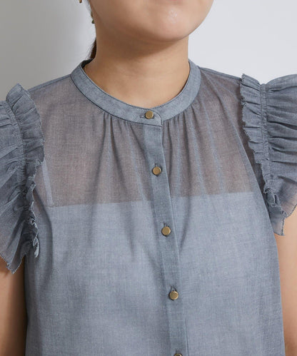 牛仔風網紗荷葉邊襯衫