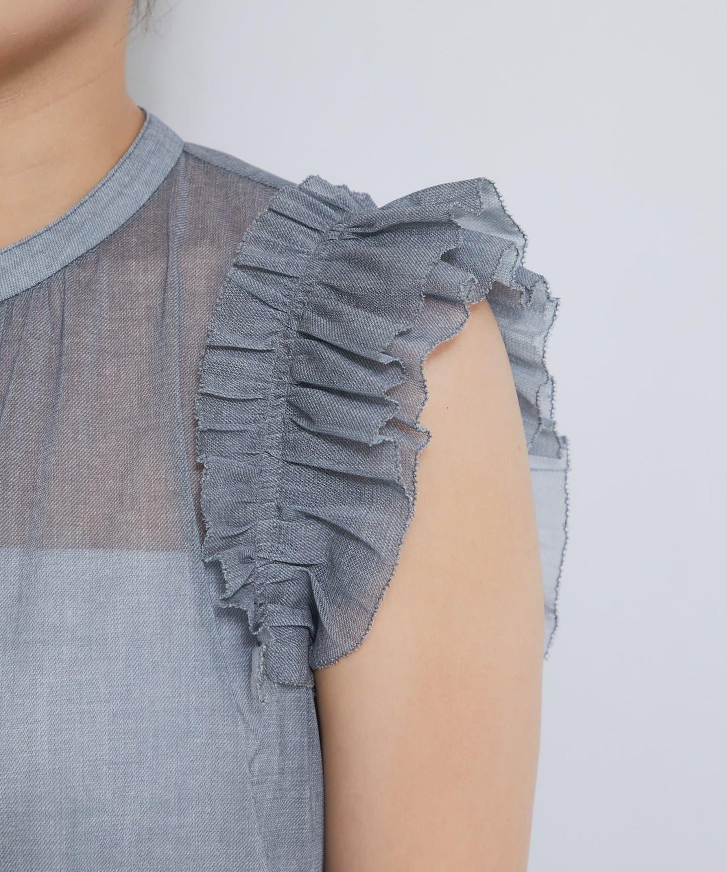 牛仔風網紗荷葉邊襯衫