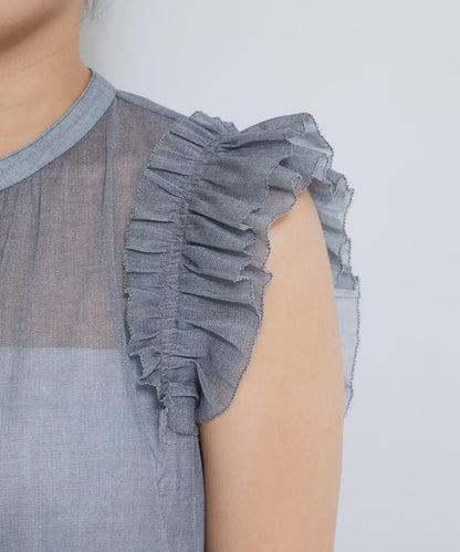 牛仔風網紗荷葉邊襯衫