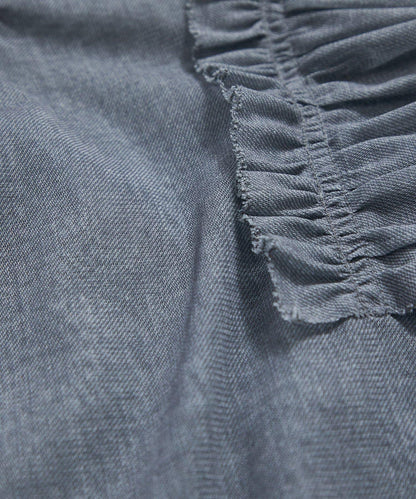 牛仔風網紗荷葉邊襯衫