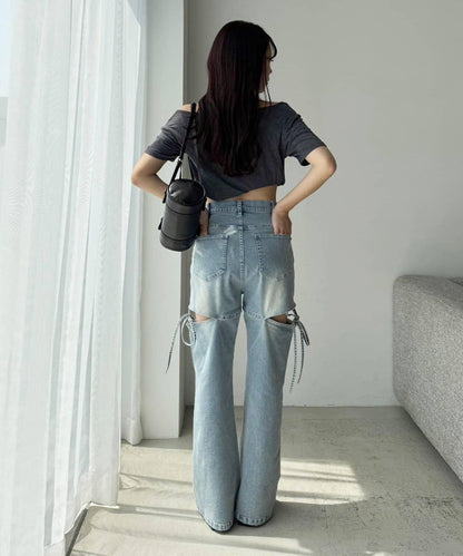 側開美腿拉伸牛仔褲