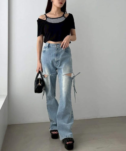 側開美腿拉伸牛仔褲