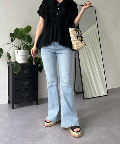 【原創LOGO貼片款】彈力喇叭牛仔褲