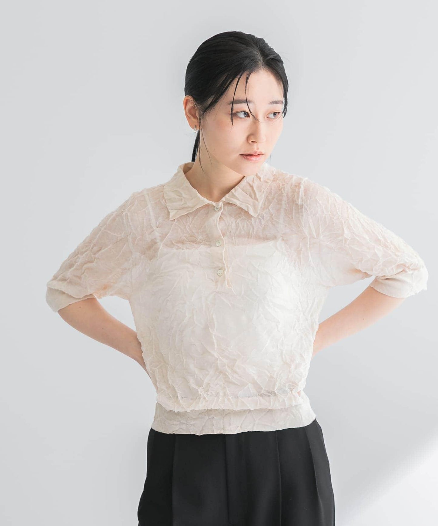 new basic 亞麻混紡皺感襯衫領針織衫