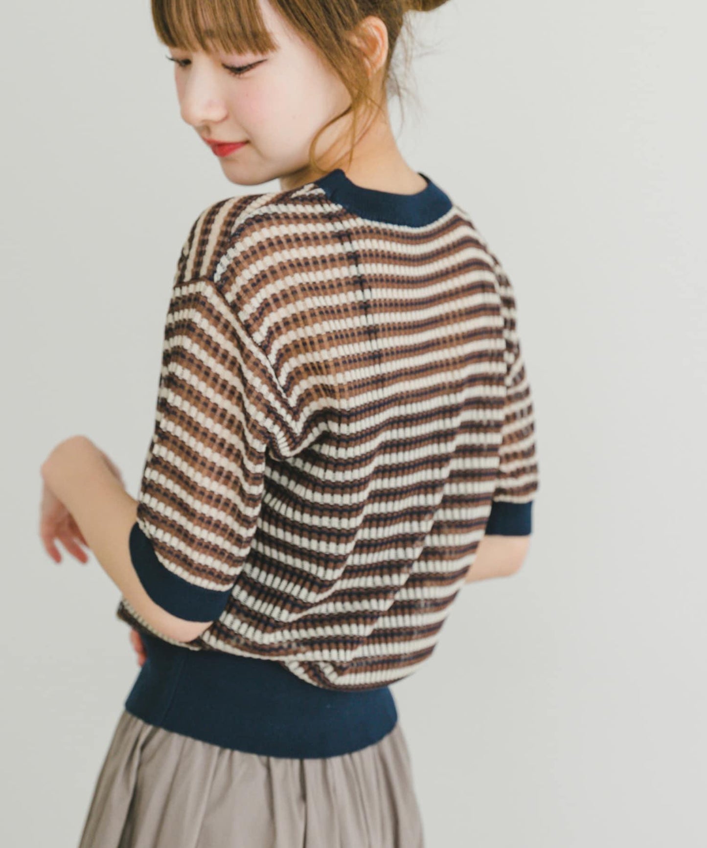 透視條紋短袖針織衫