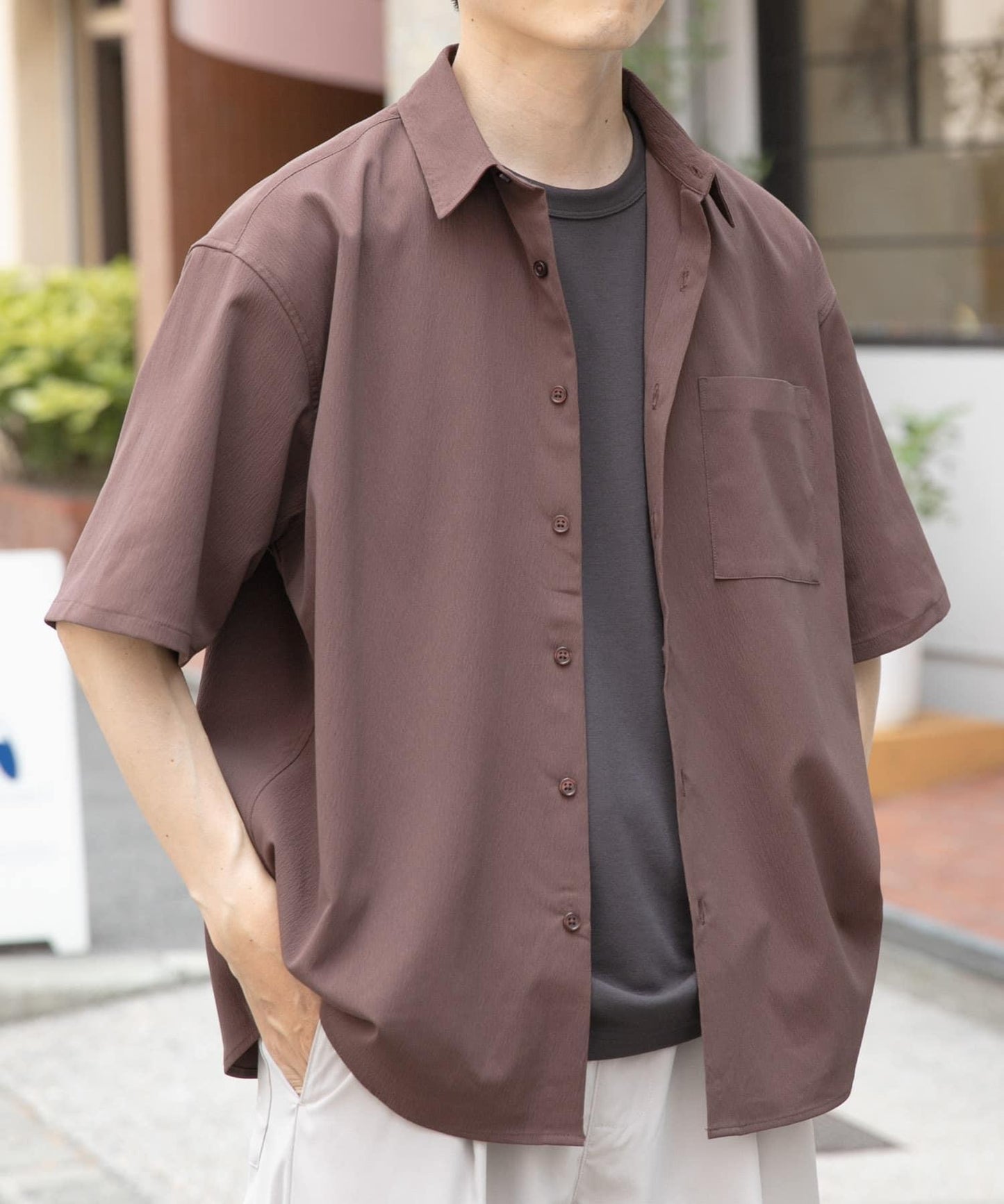 縐紗常規領短袖襯衫