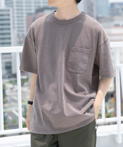 水洗工藝圓領平紋針織口袋T恤
