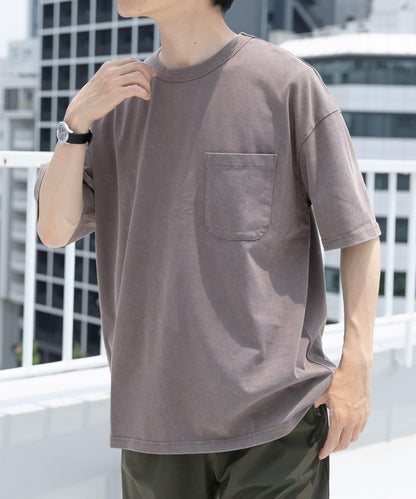 水洗工藝圓領平紋針織口袋T恤