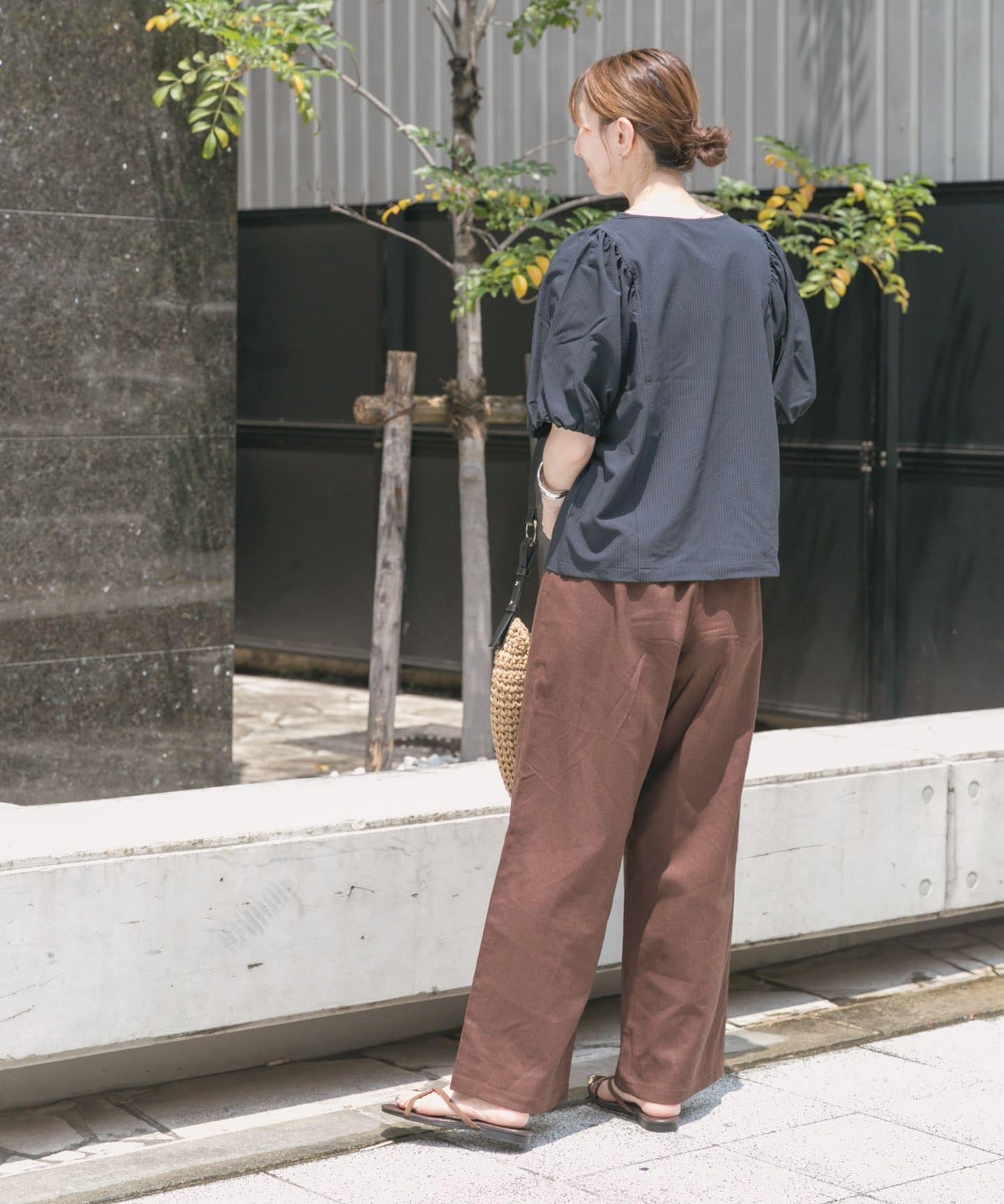 亞麻人造絲褶皺長褲