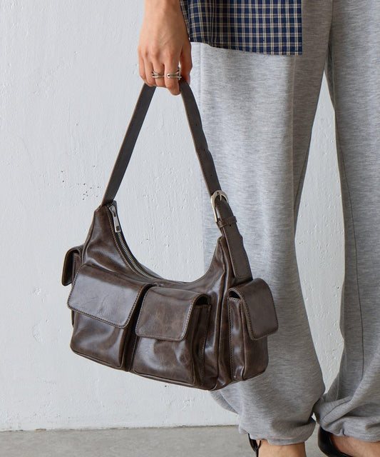 復古風合成皮革多口袋單肩包