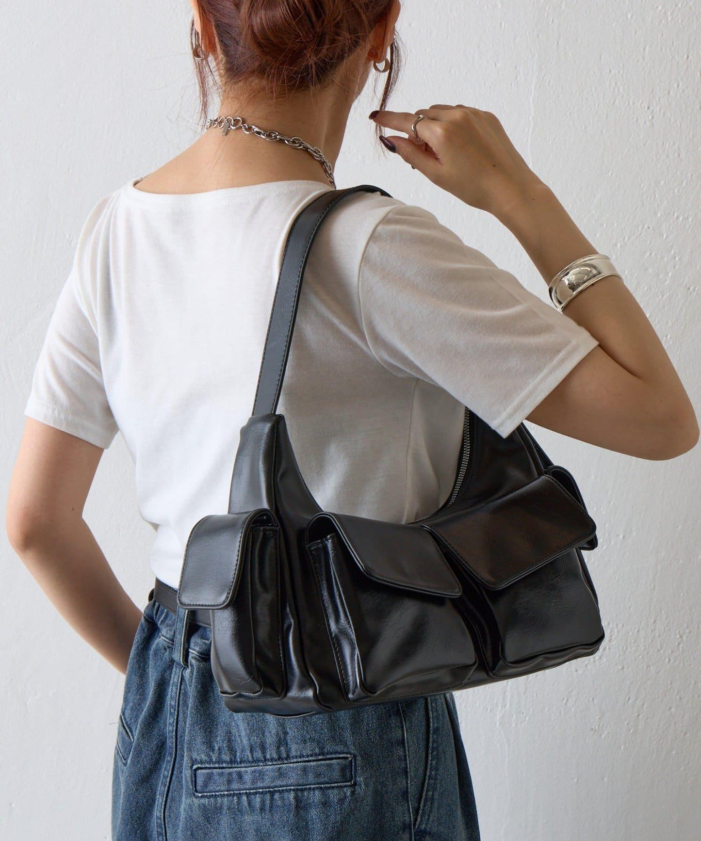 復古風合成皮革多口袋單肩包