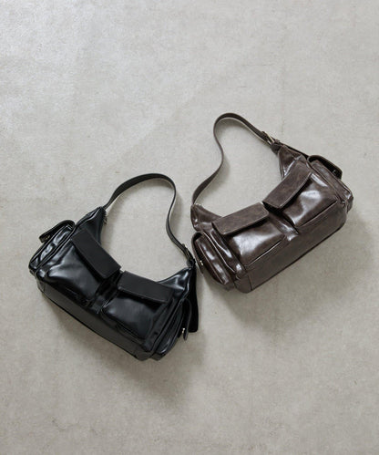 復古風合成皮革多口袋單肩包