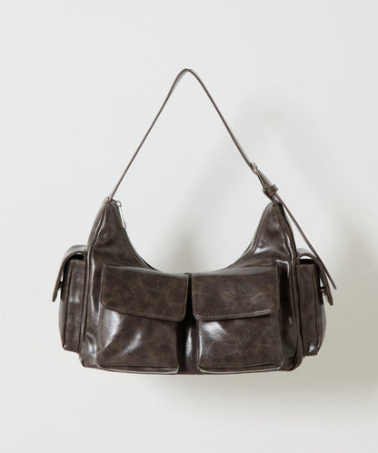 復古風合成皮革多口袋單肩包