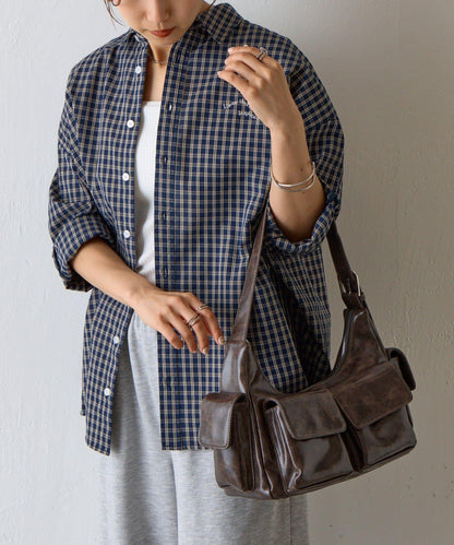 復古風合成皮革多口袋單肩包
