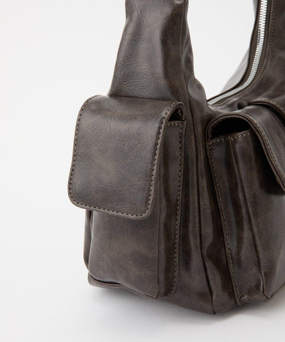 復古風合成皮革多口袋單肩包