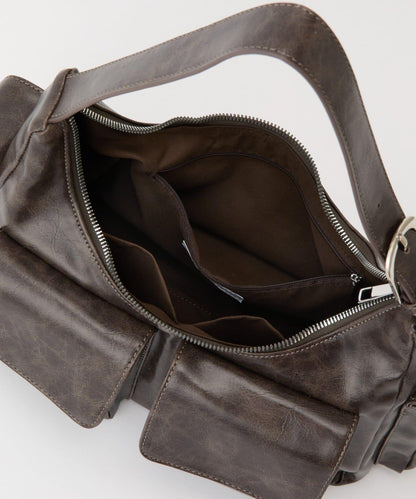 復古風合成皮革多口袋單肩包