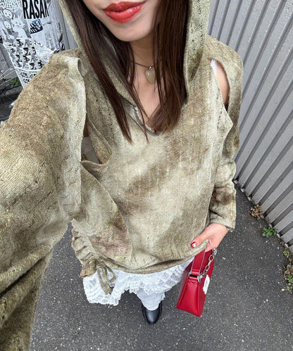 肩部開衩條紋印花連帽衫