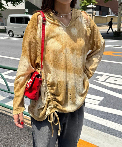 肩部開衩條紋印花連帽衫