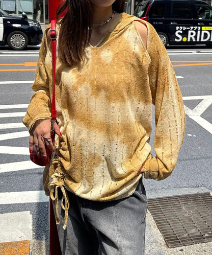 肩部開衩條紋印花連帽衫