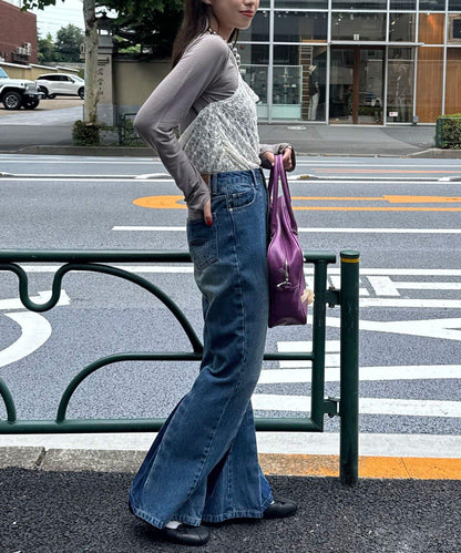 【CIAN DENIM/藍色牛仔布】褶皺喇叭牛仔褲#101