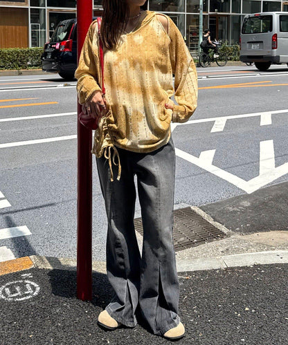 肩部開衩條紋印花連帽衫