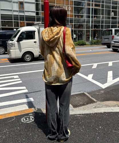 肩部開衩條紋印花連帽衫